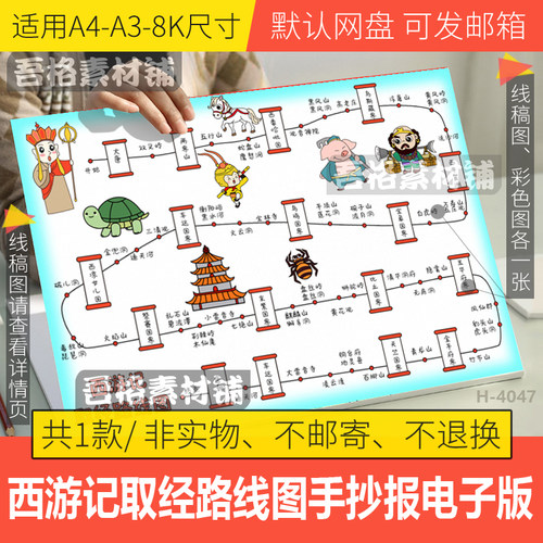 西游记取经路线图手抄报模板电子版四大名著之一手抄报黑白线描稿