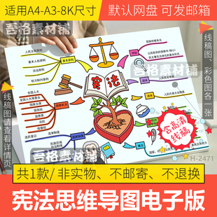 学讲宪法思维导图手抄报模板电子版校园法治制教育手抄报线稿A4A3
