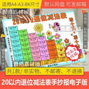 20二十以内退位减法表手抄报模板电子版一年级数学手抄报线稿A48K