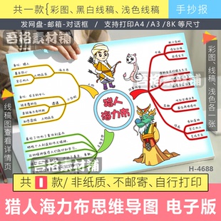 猎人海力布思维导图手抄报模版电子版五年级上册语文黑白线描稿