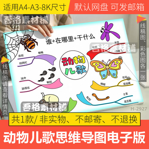动物儿歌思维导图手抄报模板电子版一年级语文童谣手抄报线稿A48K