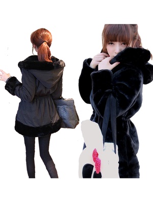 冬季韩版修身连帽中长款毛茸茸加厚保暖两面穿环保仿皮草外套女