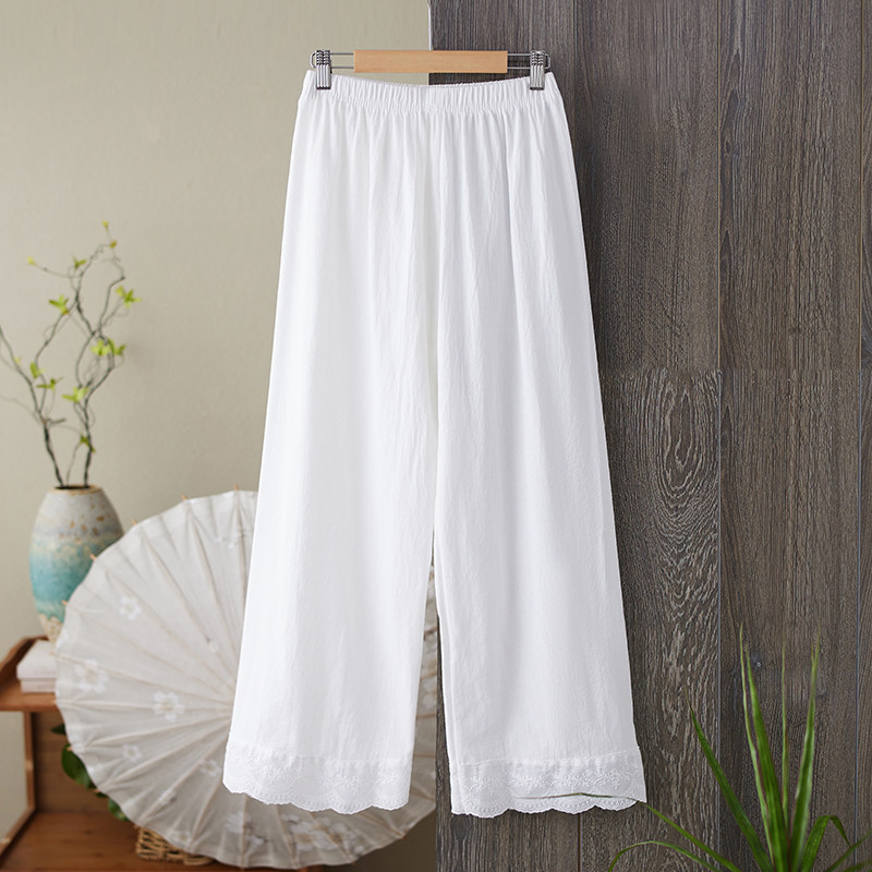 【棉麻】新款居家文艺休闲裤花边刺绣阔腿裤宽松九分拼接蕾丝裤女,女装/女士精品,休闲裤,淘宝优惠券,粉丝福利购,淘宝优惠卷