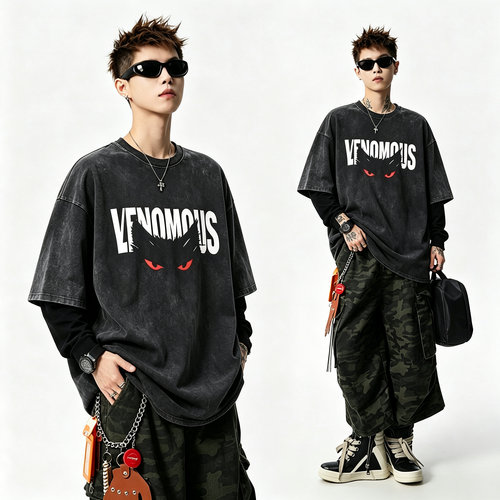【长袖-恶魔之眼】男女同款圆领打底上衣潮牌复古做旧拼接假两件T