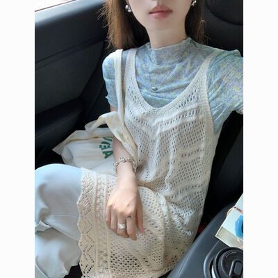 韩系冰丝针织v领镂空吊带连衣裙女小个子中长款叠穿防晒罩衫上衣