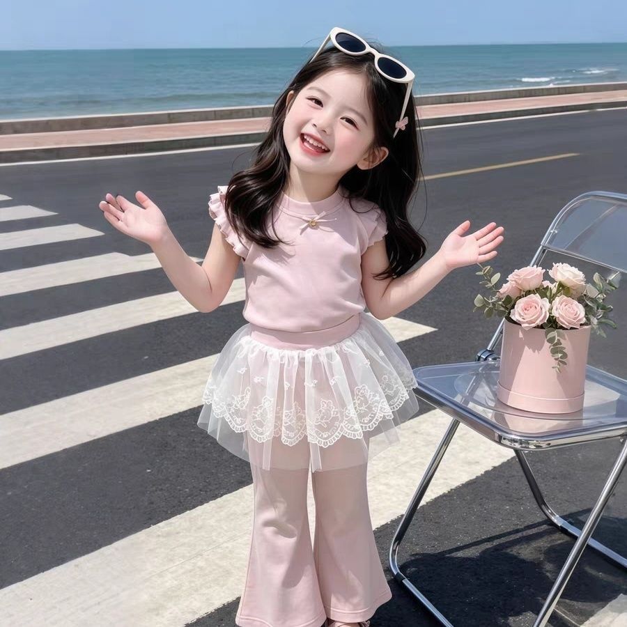 女童夏季蕾丝拼接两件套短袖裙裤图片