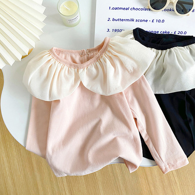 女童黑色花边领春秋长袖打底T恤