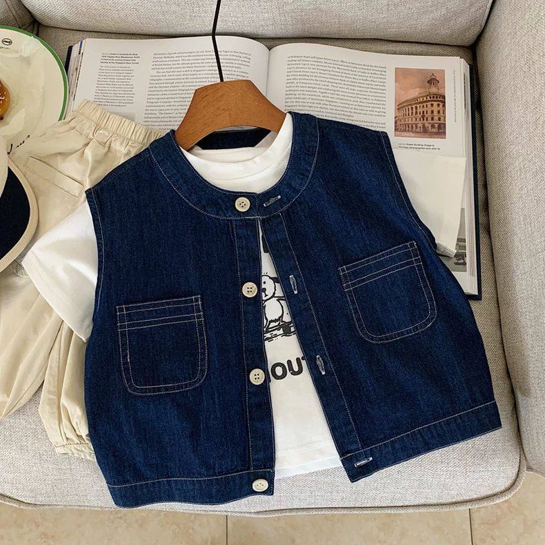 儿童牛仔马甲2026夏季新品男女童牛仔马甲宝宝背心坎肩薄款上衣潮