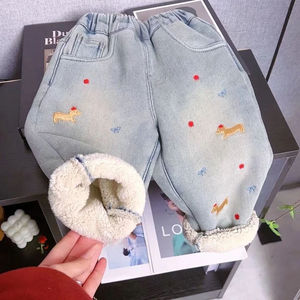 儿童加绒加厚裤子冬季牛仔裤冬装新款女童宝宝一体羔羔绒裤子