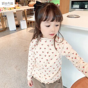 女童打底衫春秋新款长袖宝宝碎花上衣儿童半高领亲肤木耳边T恤潮
