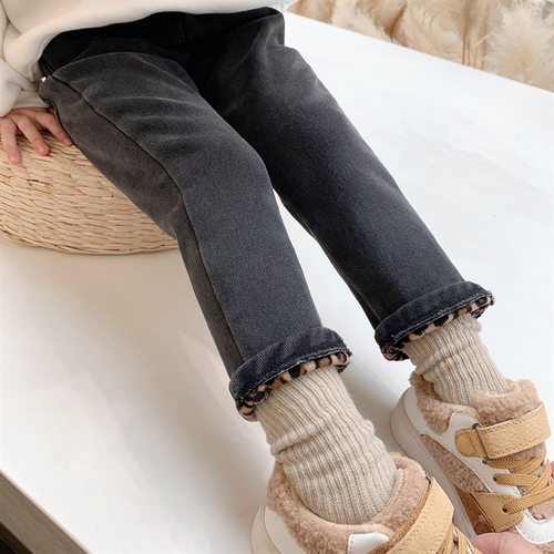 女童春秋冬加绒加厚牛仔裤