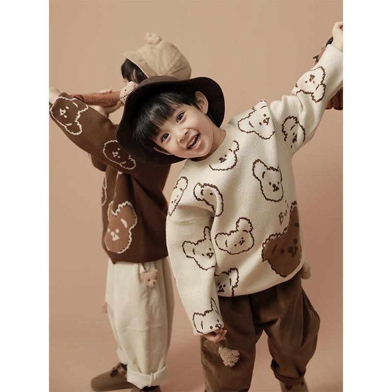 儿童卡通针织毛衣春秋新款男宝女宝提花小熊图案中小童时尚线衣潮