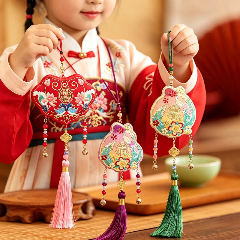 新款五福香包宝宝款 端午艾草香囊女童随平安符手工刺绣车载挂饰