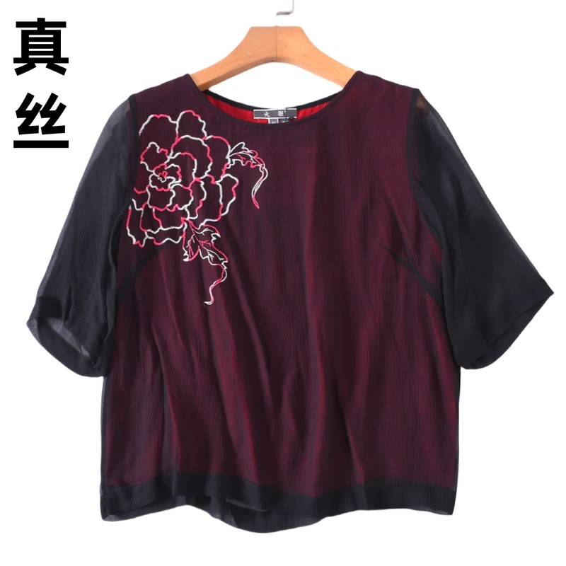 双层真丝桑蚕丝刺绣绣花短袖衬衫上衣女夏装