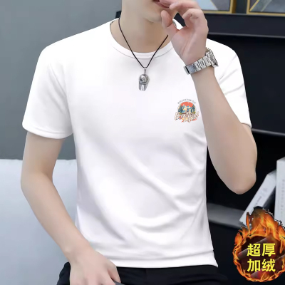 冬季男士加绒短袖t恤圆领白色打底衫加厚保暖秋衣冬天内衬半袖T恤