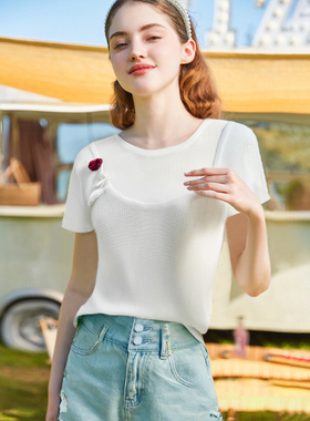 zk lin韩版清新白色短袖针织衫女立体花朵装饰假两件设计T恤上衣