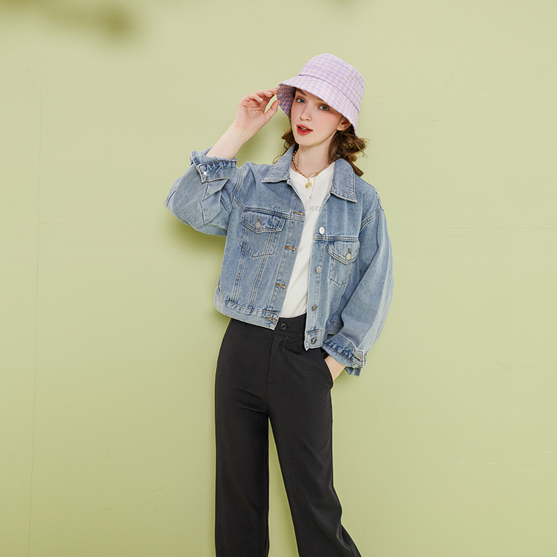 早春秋牛仔外套高腰女ins设计感