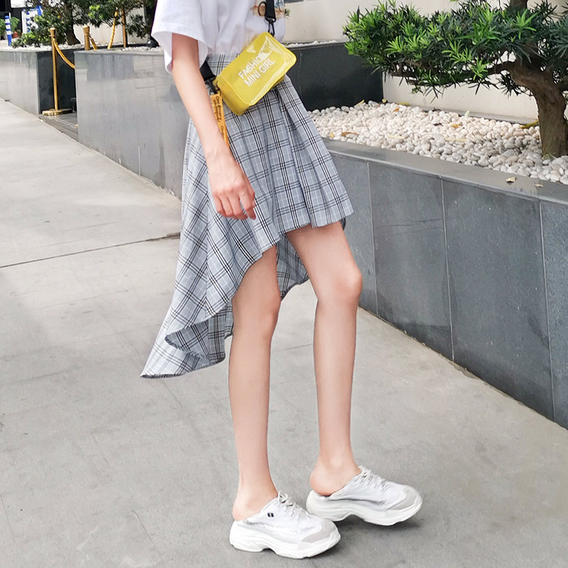 不规则格子半身裙中长a型ins超火的韩版高腰a字裙2021春新款女