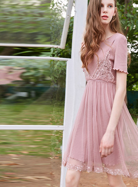 FG针织网纱两件套连衣裙女短袖收腰蕾丝拼接pphome裙子2019夏季款