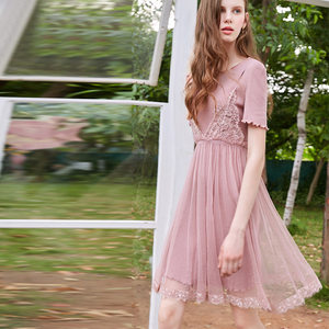 女短袖收腰蕾丝拼接针织网纱