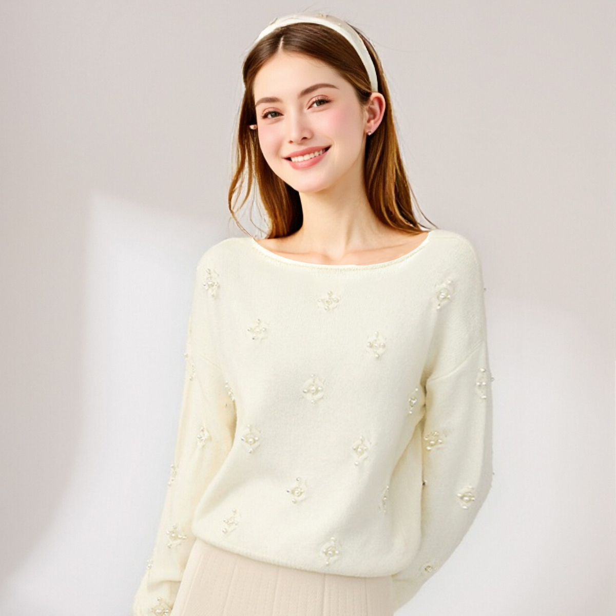 高级独特漂亮加厚韩系圆领珍珠毛针织衫小个子上衣女2025秋冬新款