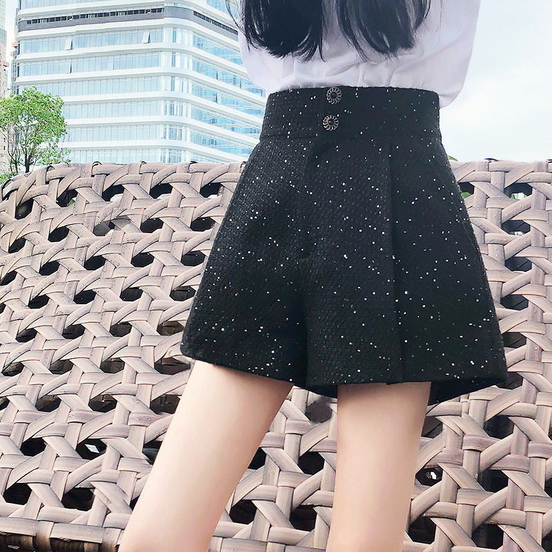 阔腿宽松显瘦a型黑色毛呢短裤女zklin