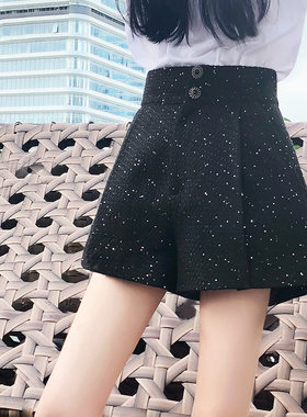 阔腿宽松显瘦a型黑色毛呢短裤女zklin
