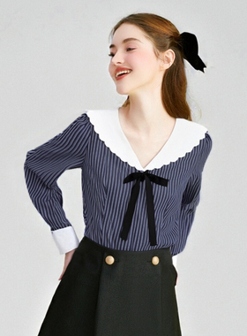法式掐腰蓝白条纹衬衫女轻奢高级感减龄洋气小个子甜美上衣2025新
