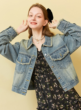 zk lin巨好看的水洗做旧复古牛仔外套女款2025早秋独特新款小个子
