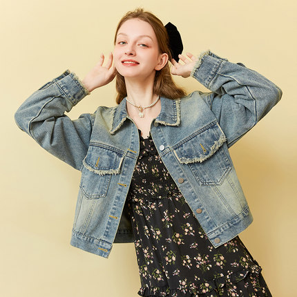 zk lin巨好看的水洗做旧复古牛仔外套女款2025早秋独特新款小个子