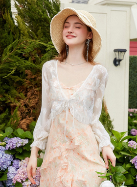 zk lin法式甜美蕾丝开衫白色系带短款2025新款轻薄款设计感小衫