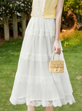 zk lin韩版小清新白色半身裙蕾丝多层拼接2025夏季浪漫仙女中长裙
