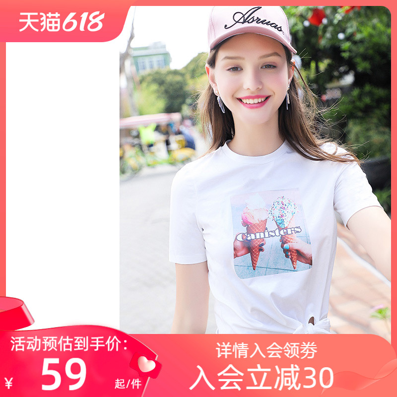 冰淇淋印花系带白色T恤女夏季新款小清新绑带短袖韩版学生