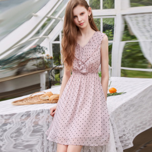 FG波点v领荷叶边连衣裙无袖 a字裙少女心仙女裙2019夏装 款 高腰修身