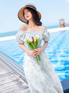 zk lin法式绿色碎花连衣裙女2025夏季新款小清新显瘦巨好看