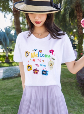 zk lin韩版彩色圆领趣味图案印花白色T恤短袖2025夏季新款上衣