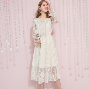 仙女裙网纱裙子 拼接很仙 2023春秋新款 镂空蕾丝连衣裙女中长款