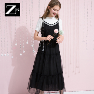 2025春新款两件套黑色吊带中长款网纱连衣裙女+内搭白色短袖T恤