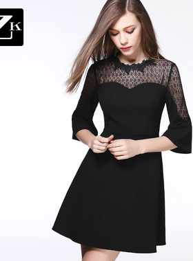 zk lin蕾丝袖镂空拼接连衣裙夏季a字裙修身显瘦春秋新款女装新款