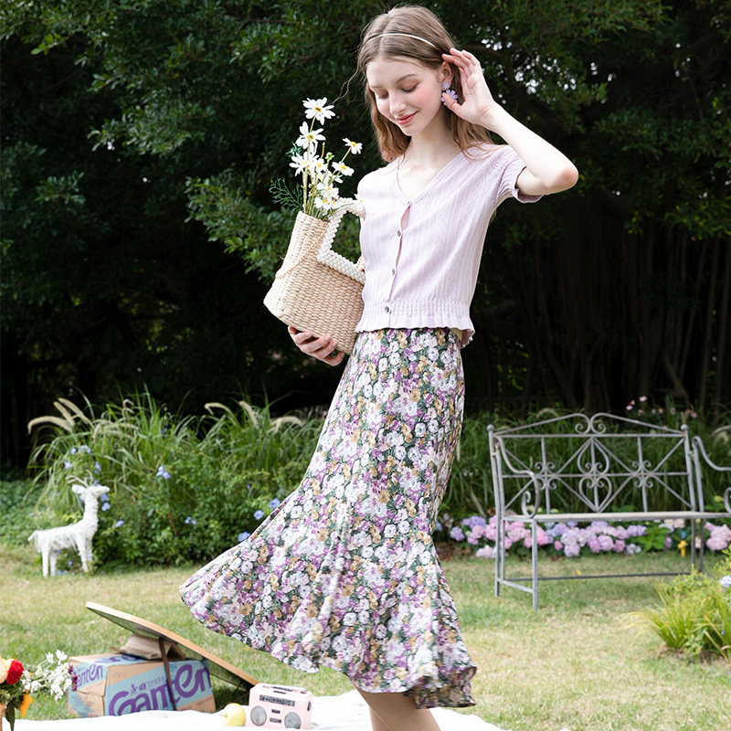 法式设计感小众油画风碎花鱼尾半身裙子女2024夏新款高腰显瘦包臀