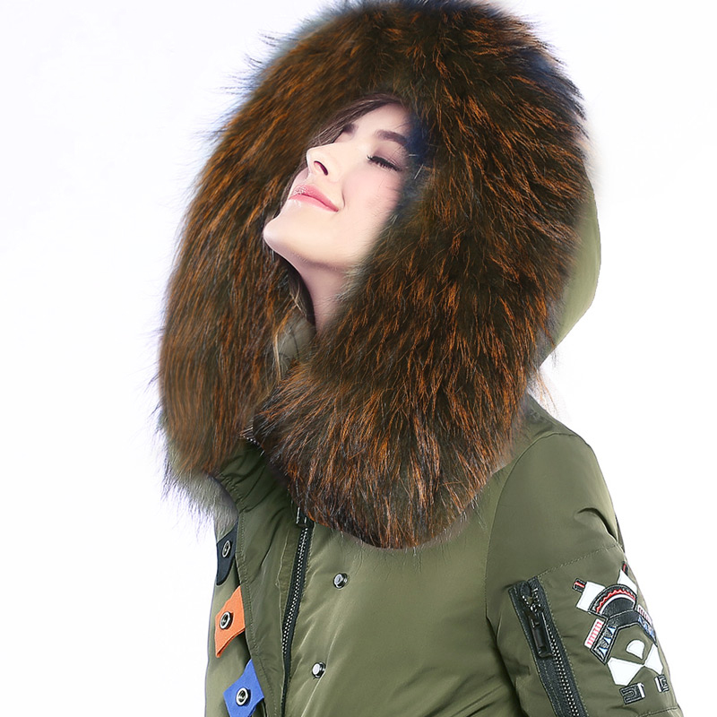 超大貉子毛领加厚羽绒服中长款贴布修身外套时尚2023秋冬新款