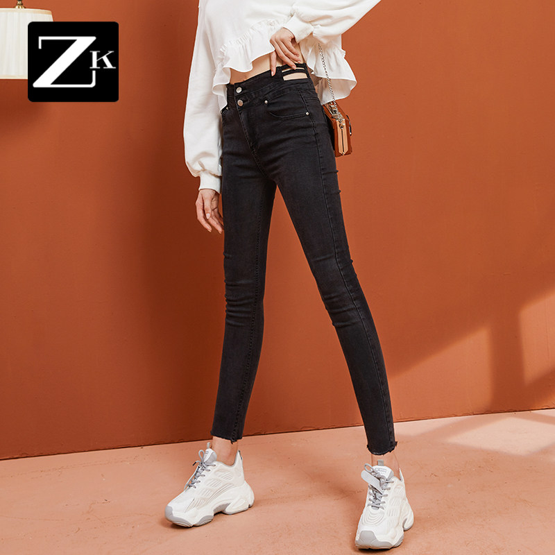 ZK黑色牛仔裤女高腰显高显瘦小个子修身九分铅笔裤潮2021春秋新款