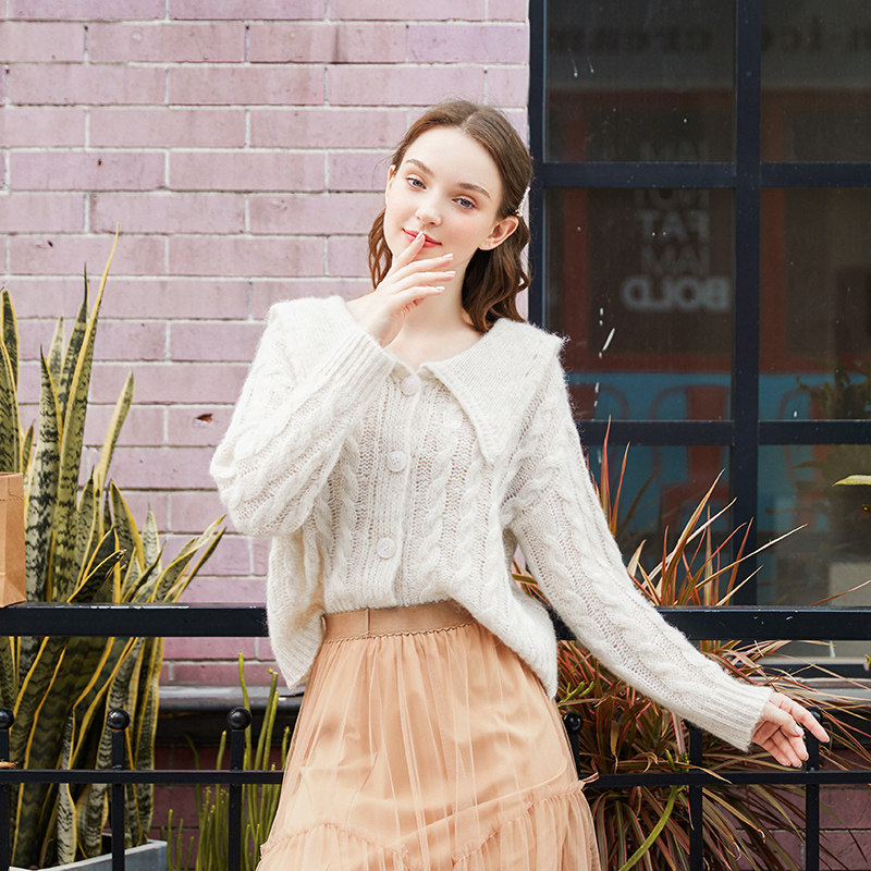 杏色针织麻花毛衣开衫女娃娃领镂空日系套头宽松外穿2023春秋款