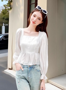 zk lin法式清新百搭泡泡袖白色方领女收腰显瘦短款温柔风洋气小衫