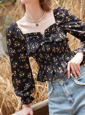 zk lin锁骨打揽衬衫女2026春秋冬新款法式设计感碎花小衫雪纺上衣