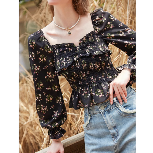 zklin法式碎花衬衫露锁骨打揽