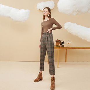 复古格子休闲裤女直筒裤格纹高腰九分哈伦裤子显瘦百搭2023春新款