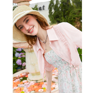 设计感粉色抽褶短袖衬衫女春秋2026新款别致两穿短款上衣衬衣外套