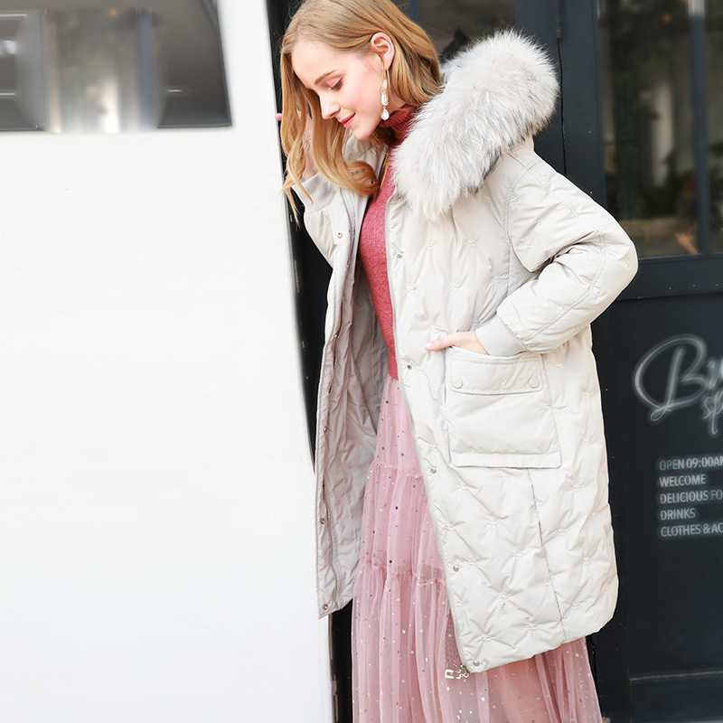 白色大毛领连帽宽松显瘦羽绒服女中长款加厚外套潮秋冬新款
