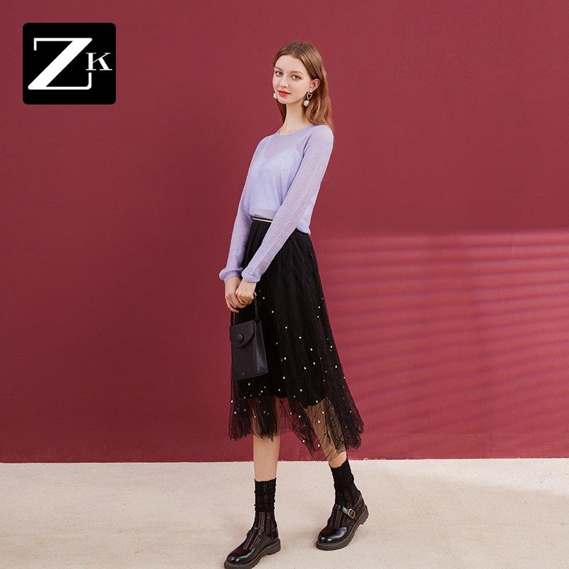 网纱半身裙女中长款高腰时尚钉珠A字裙百褶裙纱裙2026春季新款